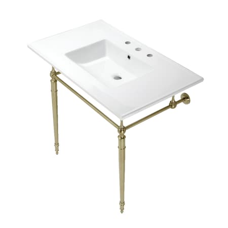 Fauceture KVPB37227W8BB 37-Inch Console Sink with Brass Legs (8-Inch, 3 Hole), White/Brushed Brass KVPB37227W8BB